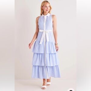 Sleeveless Blue & White Striped Tie-Waist Tiered Maxi Dress